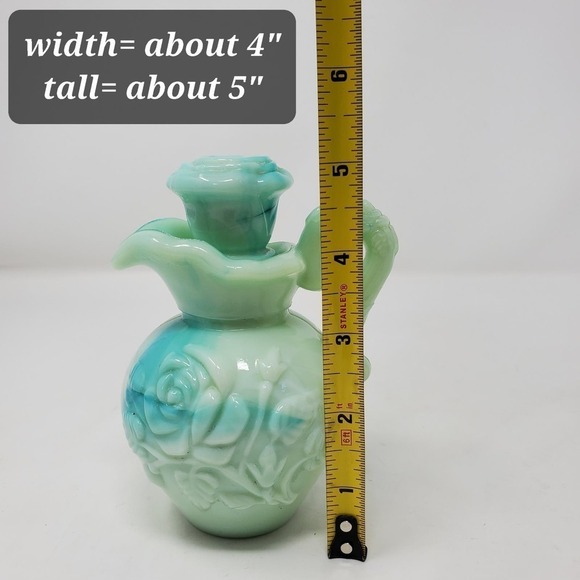 Vintage Avon Bath Oil Milk Glass Decanter Stopper Jadeite Rose Floral Bottle - Picture 10 of 13